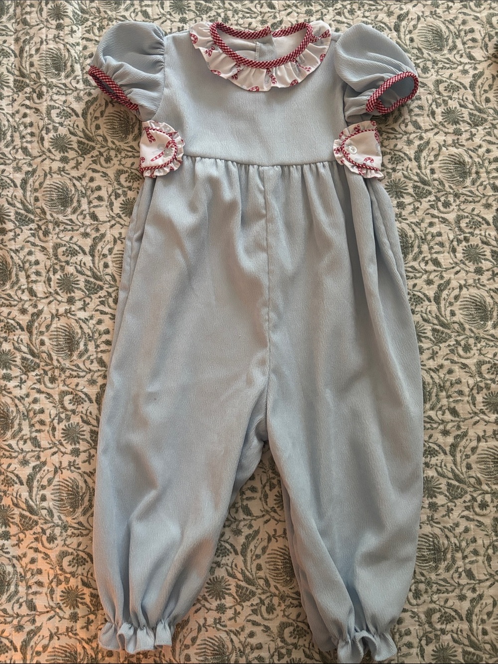Soft Light Blue Girls' Romper with Red-Trim Accents